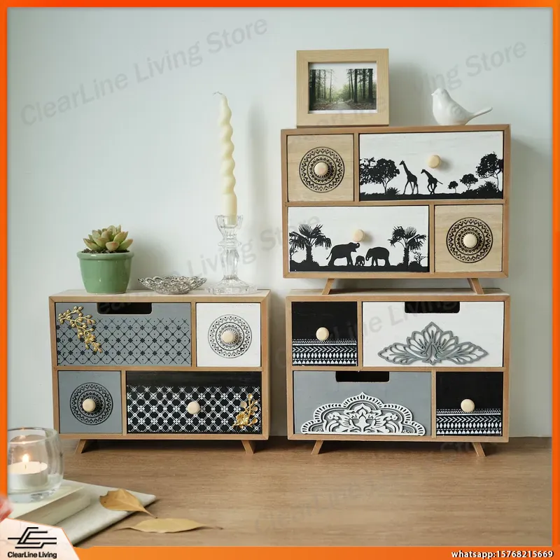 Office Drawer Organizer - Wooden Desktop Drawer Locker with Carved