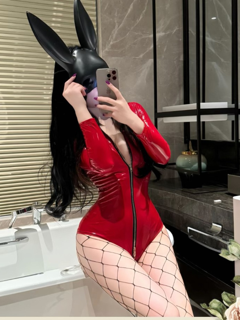 Home Office Romance - Sexy Patent Leather Bodysuit Zipper Uniform