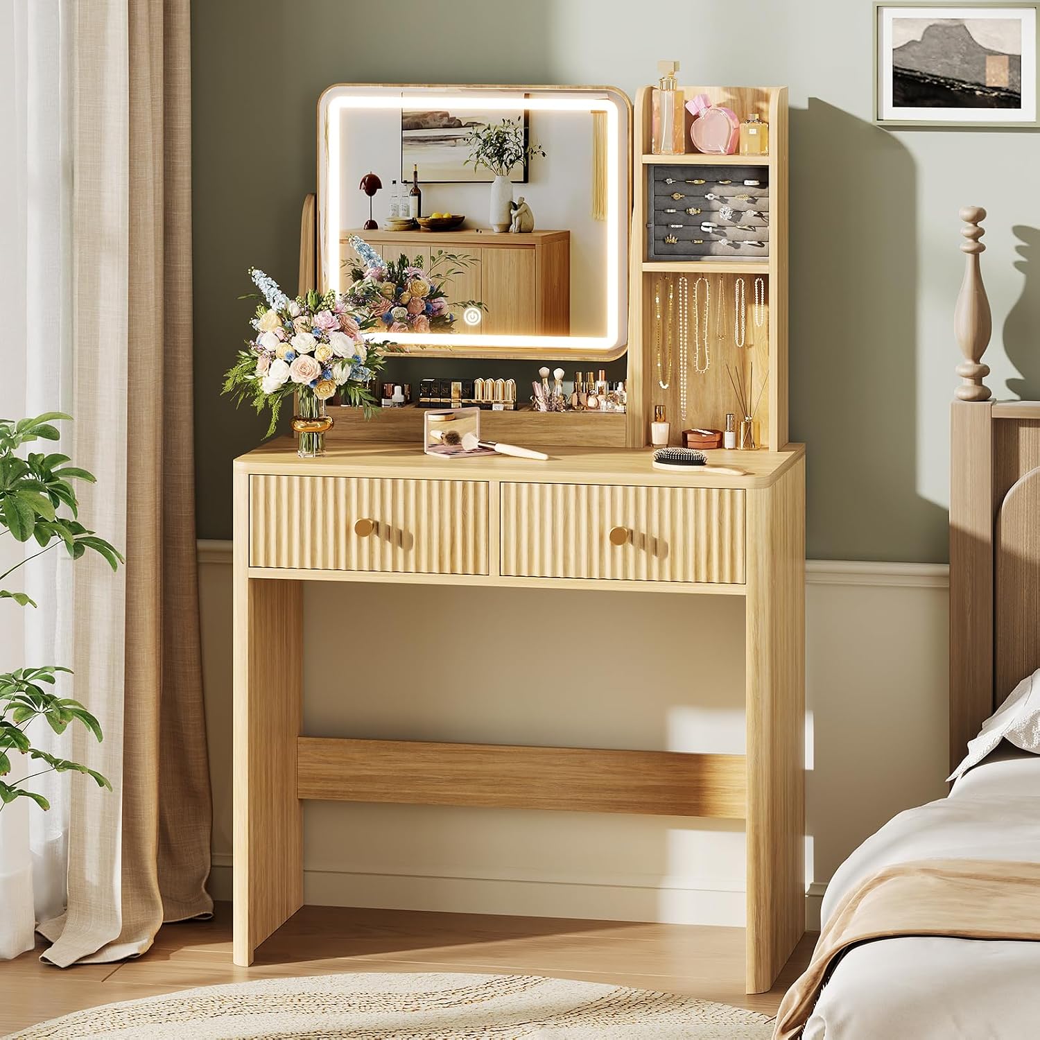 Desk Drawer Small - Fluted Vanity Desk with Mirror and