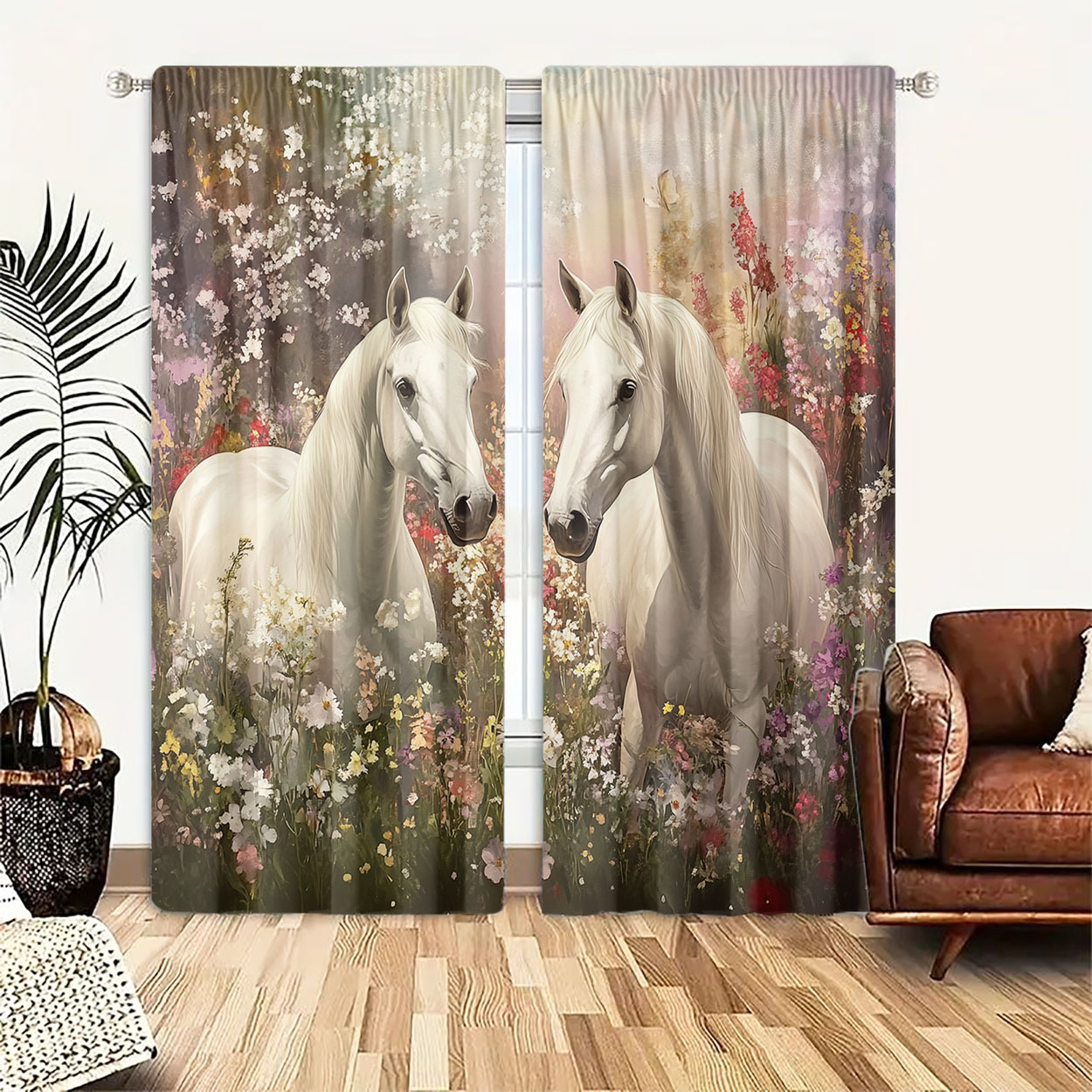 Home Office Romance - Aesthetic Horse Floral Curtains Pair Set