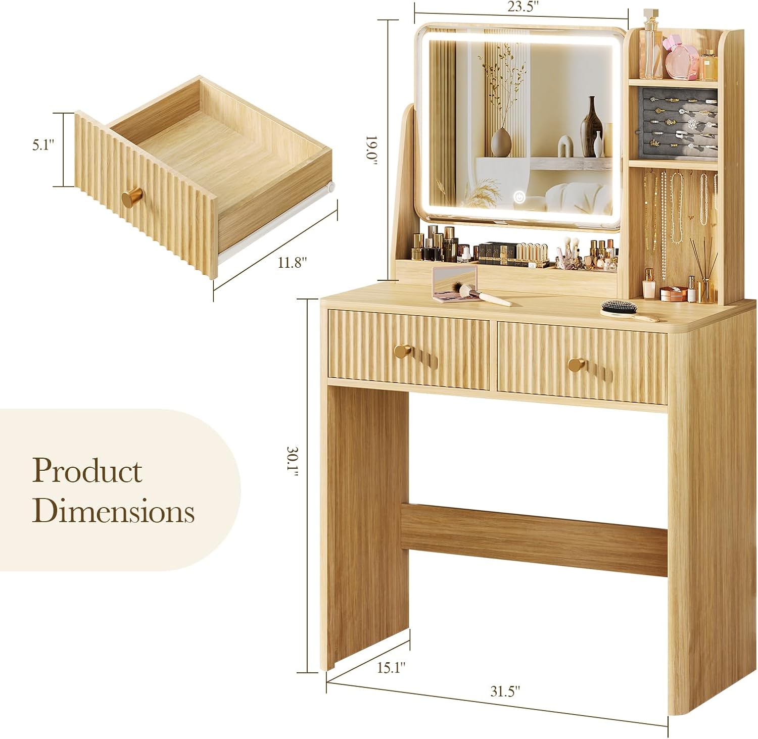 Fluted Vanity Desk with Mirror - Desk Drawer Small ulasan dan harga