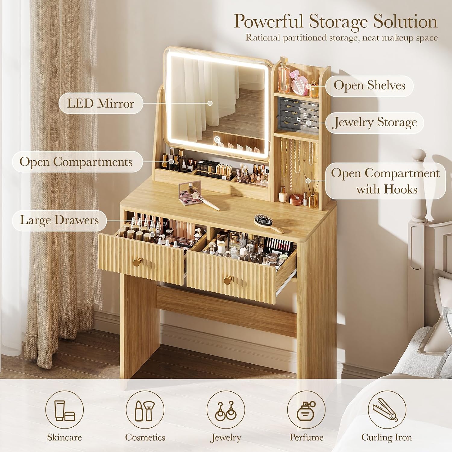Fluted Vanity Desk with Mirror - Desk Drawer Small ulasan dan harga