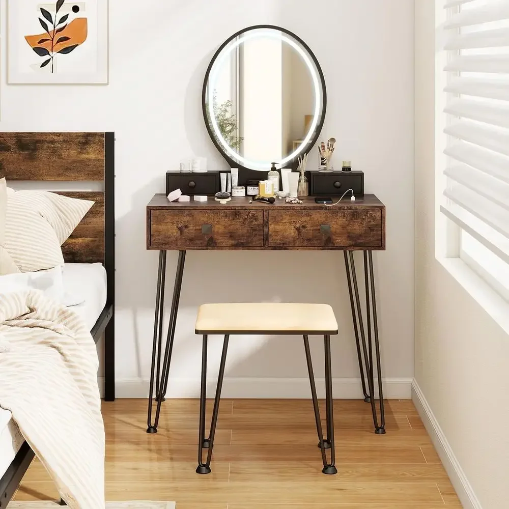 Rustic Brown Vanity Desk with  - Desk Drawer Small ulasan dan harga
